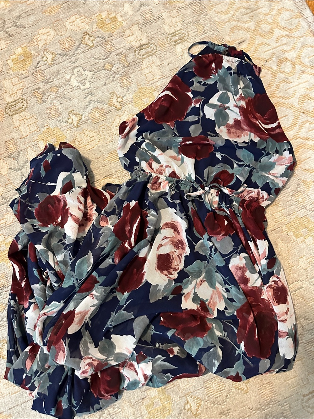 Olivaceous Navy Floral Halter Maxi Dress with Burgundy and Cream